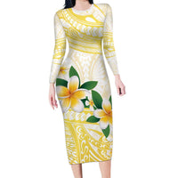Gold And White Polynesia Plumeria Family Matching Long Sleeve Bodycon Dress and Hawaiian Shirt Curves Tropical Vibes LT14 Mom's Dress Gold - Polynesian Pride