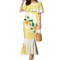 Gold And White Polynesia Plumeria Family Matching Mermaid Dress and Hawaiian Shirt Curves Tropical Vibes LT14 Mom's Dress Gold - Polynesian Pride