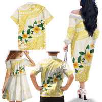 Gold And White Polynesia Plumeria Family Matching Off The Shoulder Long Sleeve Dress and Hawaiian Shirt Curves Tropical Vibes LT14 - Polynesian Pride