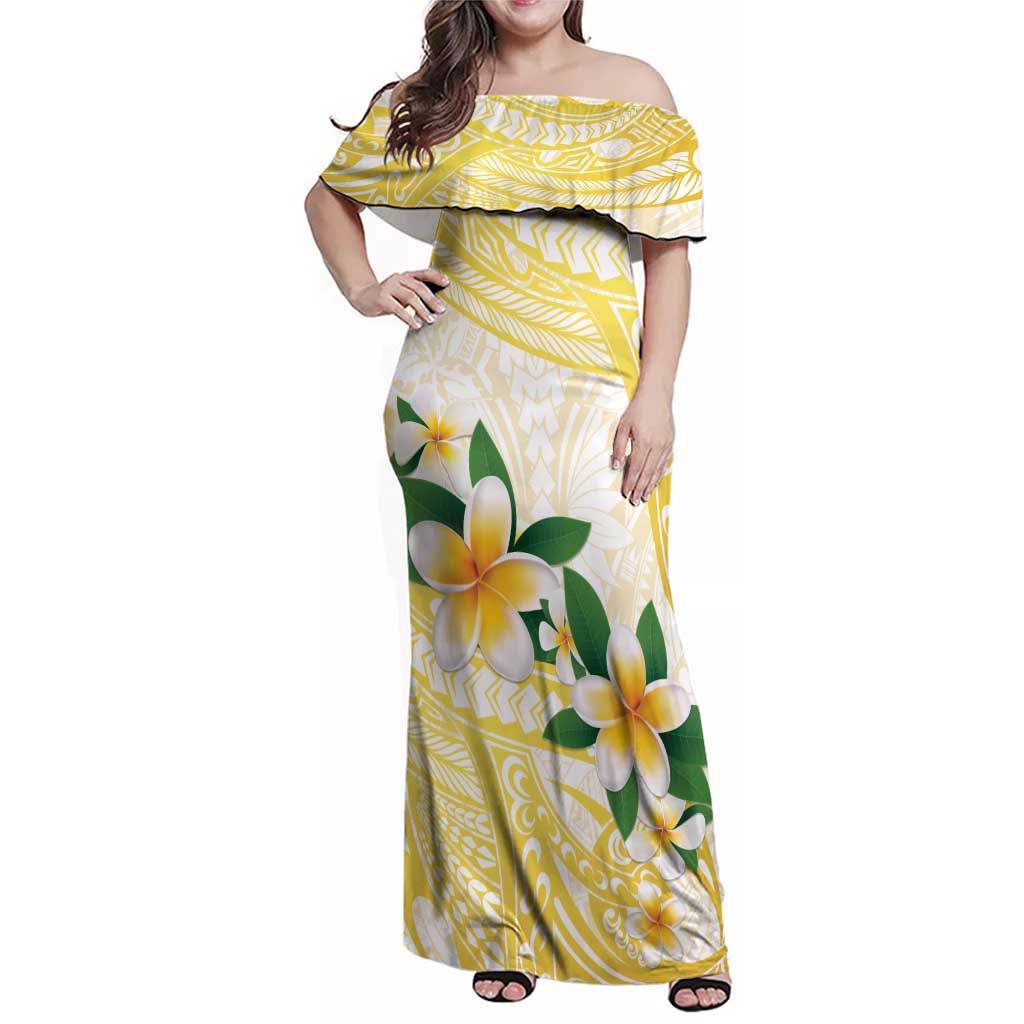 Gold And White Polynesia Plumeria Family Matching Off Shoulder Maxi Dress and Hawaiian Shirt Curves Tropical Vibes LT14 Mom's Dress Gold - Polynesian Pride
