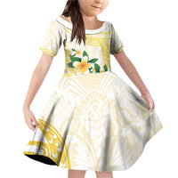 Gold And White Polynesia Plumeria Family Matching Off Shoulder Short Dress and Hawaiian Shirt Curves Tropical Vibes LT14 Daughter's Dress Gold - Polynesian Pride