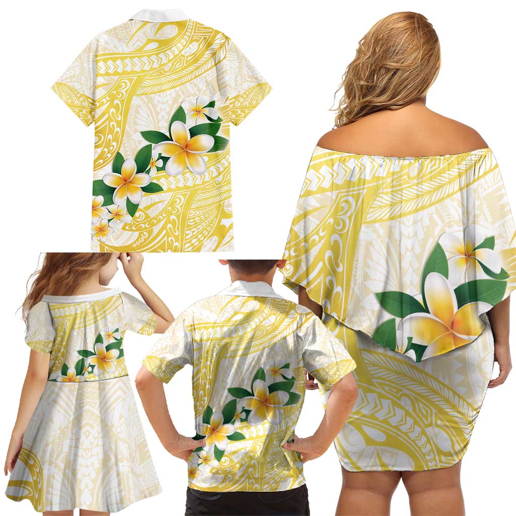 Gold And White Polynesia Plumeria Family Matching Off Shoulder Short Dress and Hawaiian Shirt Curves Tropical Vibes LT14 - Polynesian Pride