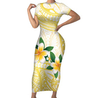 Gold And White Polynesia Plumeria Family Matching Short Sleeve Bodycon Dress and Hawaiian Shirt Curves Tropical Vibes LT14 Mom's Dress Gold - Polynesian Pride