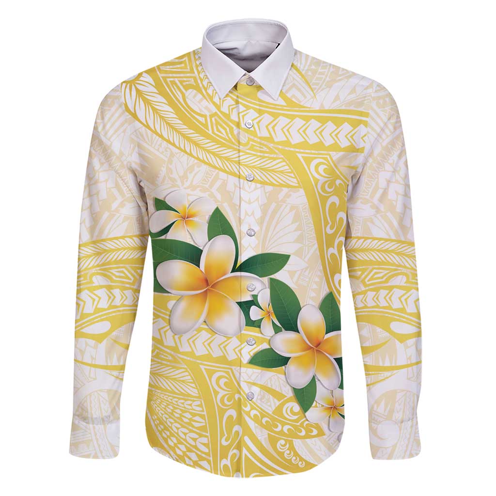 Gold And White Polynesia Plumeria Family Matching Summer Maxi Dress and Hawaiian Shirt Curves Tropical Vibes LT14 Dad's Shirt - Long Sleeve Gold - Polynesian Pride