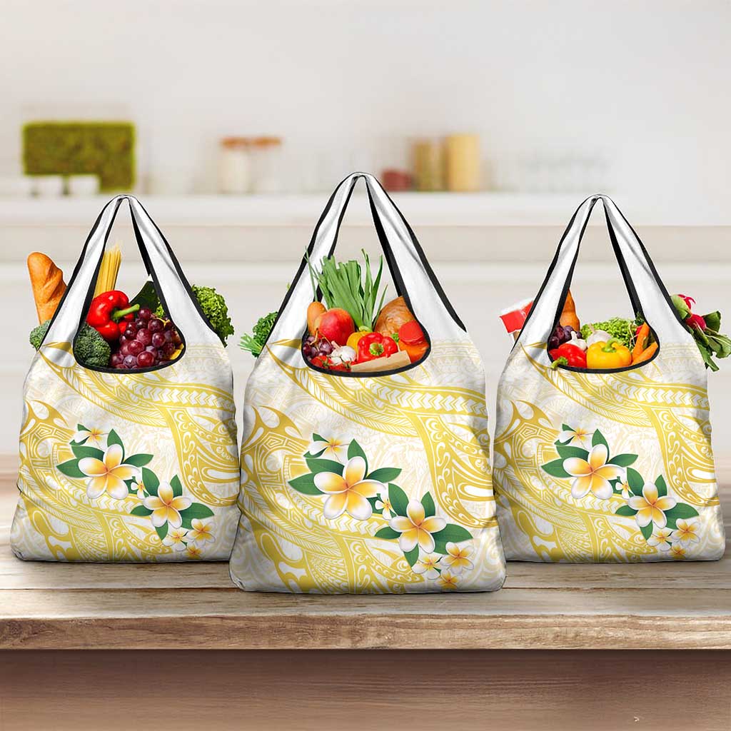 Gold And White Polynesia Plumeria Grocery Bag Curves Tropical Vibes