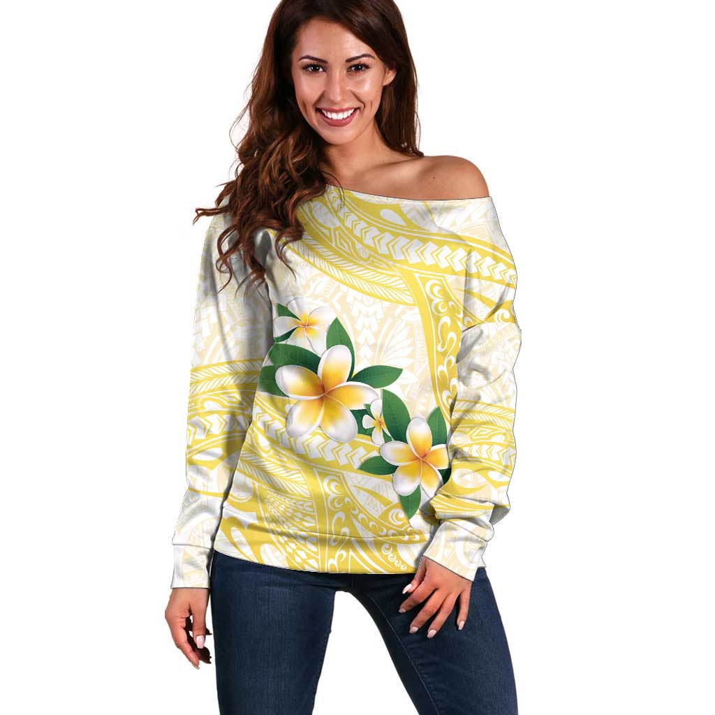Gold And White Polynesia Plumeria Off Shoulder Sweater Curves Tropical Vibes LT14 Women Gold - Polynesian Pride