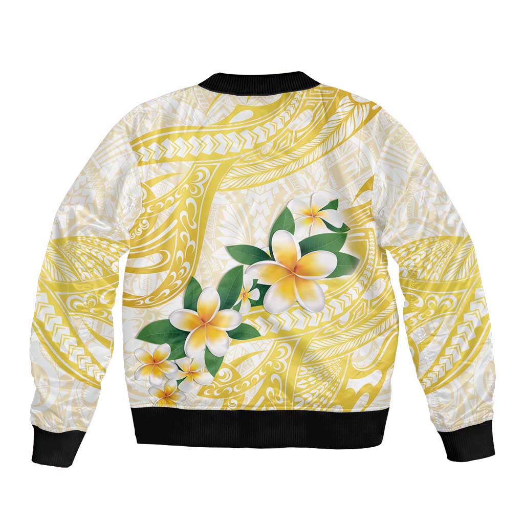 Gold And White Polynesia Plumeria Sleeve Zip Bomber Jacket Curves Tropical Vibes LT14 - Polynesian Pride