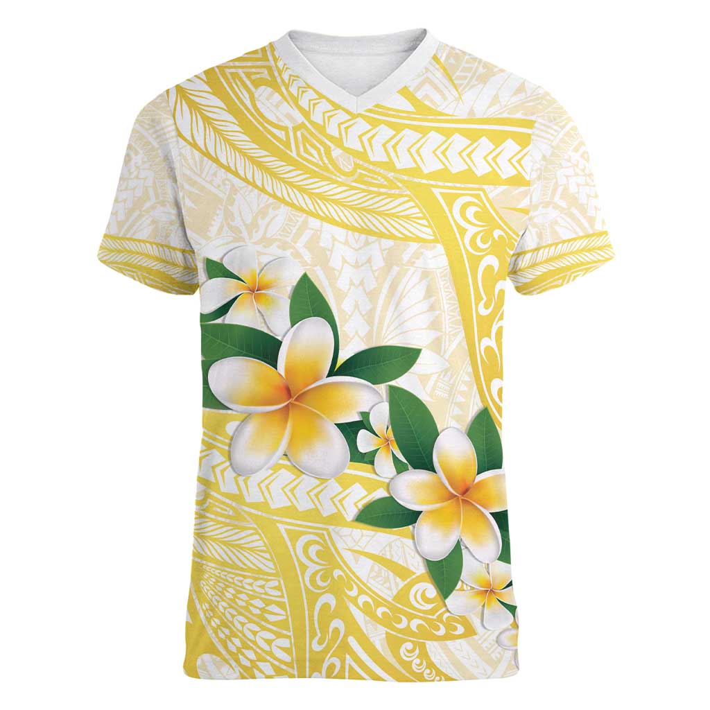 Gold And White Polynesia Plumeria Women V-Neck T-Shirt Curves Tropical Vibes