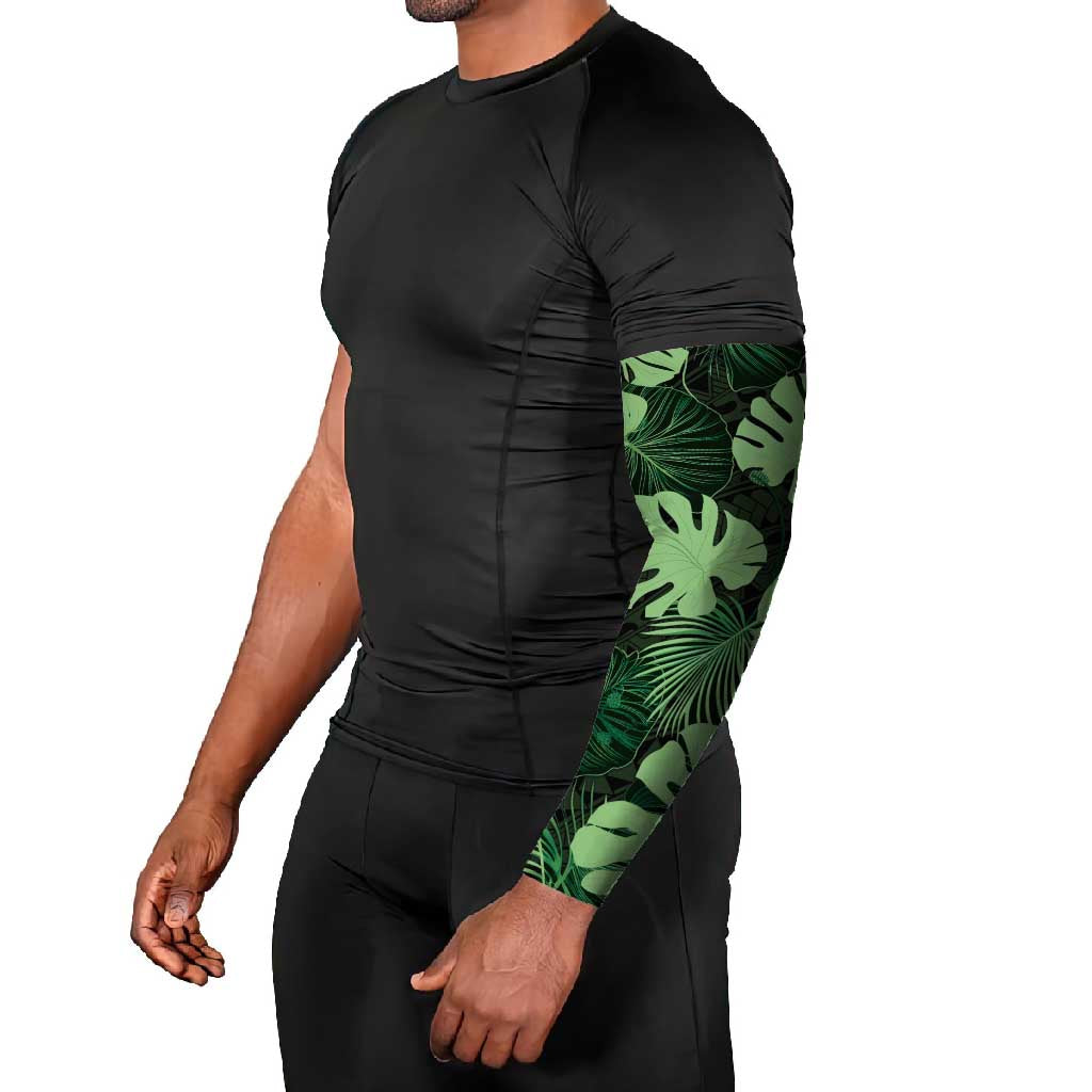 Green Hawaii Kukui Nut Lei Arm Sleeves Hawaiian Pattern Monstera Tropical Vibes - Polynesian Pride