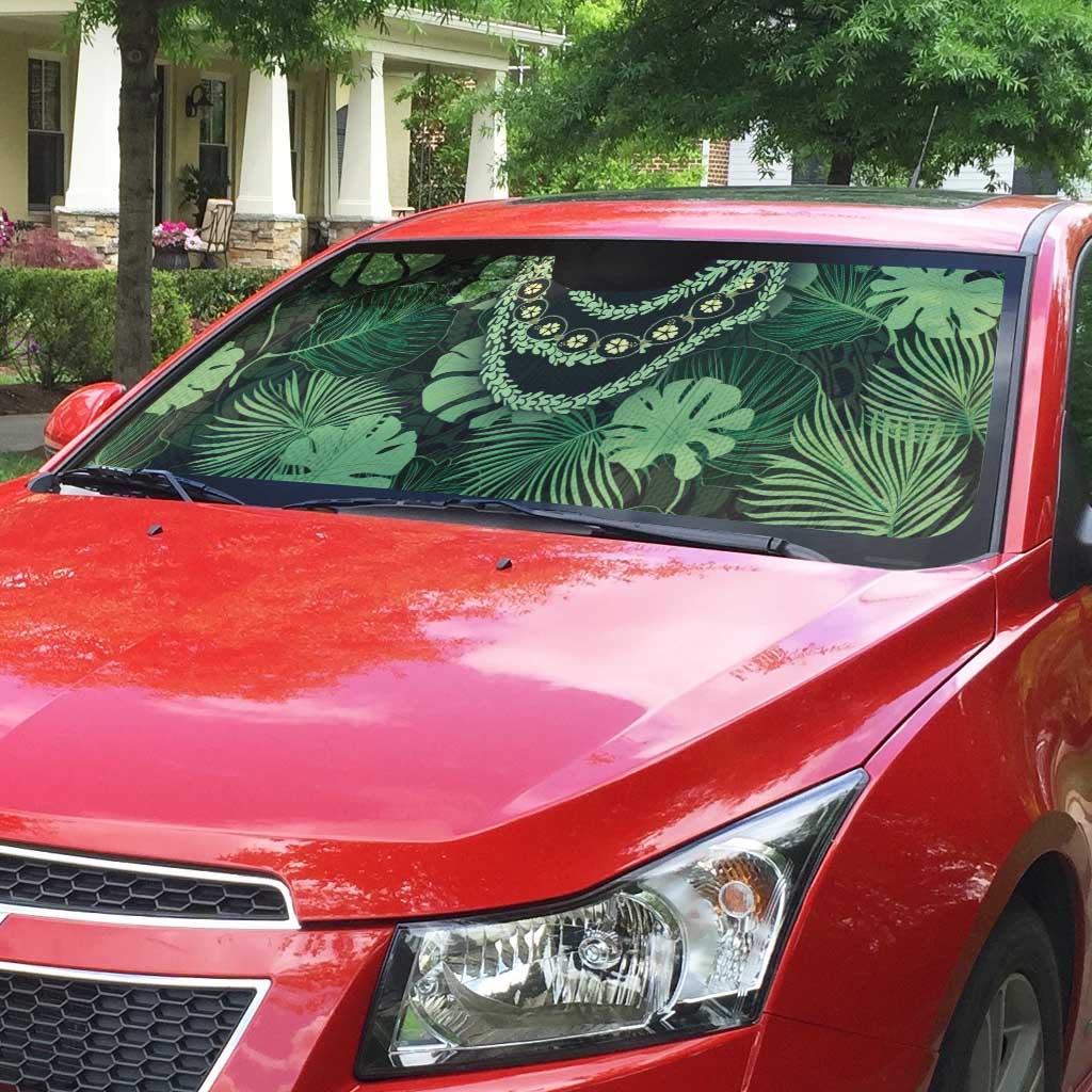 Green Hawaii Kukui Nut Lei Auto Sun Shade Hawaiian Pattern Monstera Tropical Vibes LT14 - Polynesian Pride