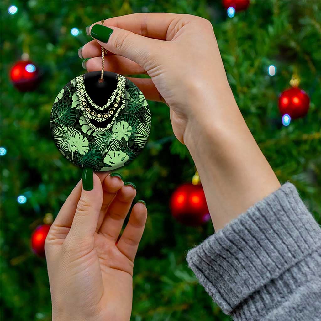 Green Hawaii Kukui Nut Lei Ceramic Ornament Hawaiian Pattern Monstera Tropical Vibes - Polynesian Pride