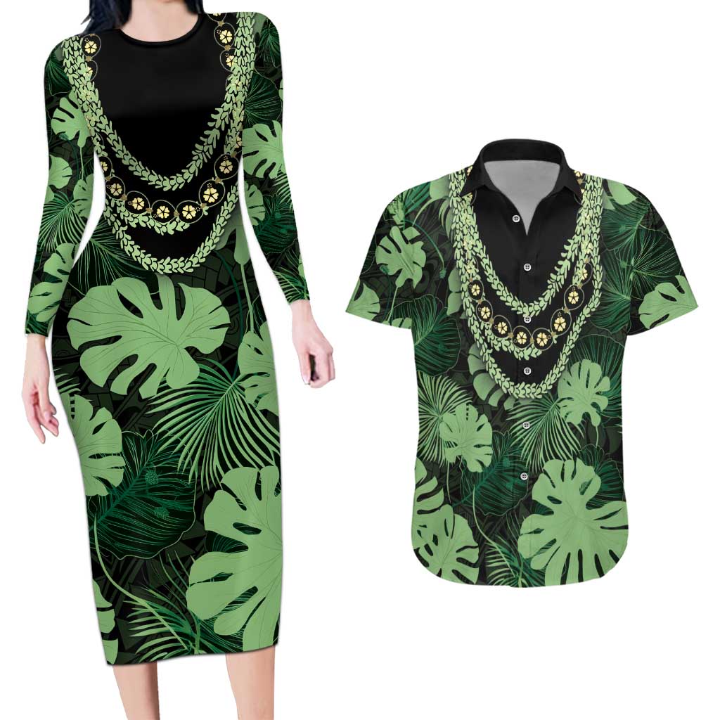 Green Hawaii Kukui Nut Lei Couples Matching Long Sleeve Bodycon Dress and Hawaiian Shirt Hawaiian Pattern Monstera Tropical Vibes LT14 Green - Polynesian Pride