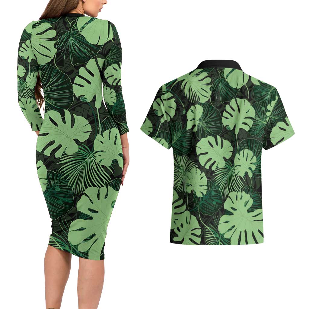 Green Hawaii Kukui Nut Lei Couples Matching Long Sleeve Bodycon Dress and Hawaiian Shirt Hawaiian Pattern Monstera Tropical Vibes LT14 - Polynesian Pride