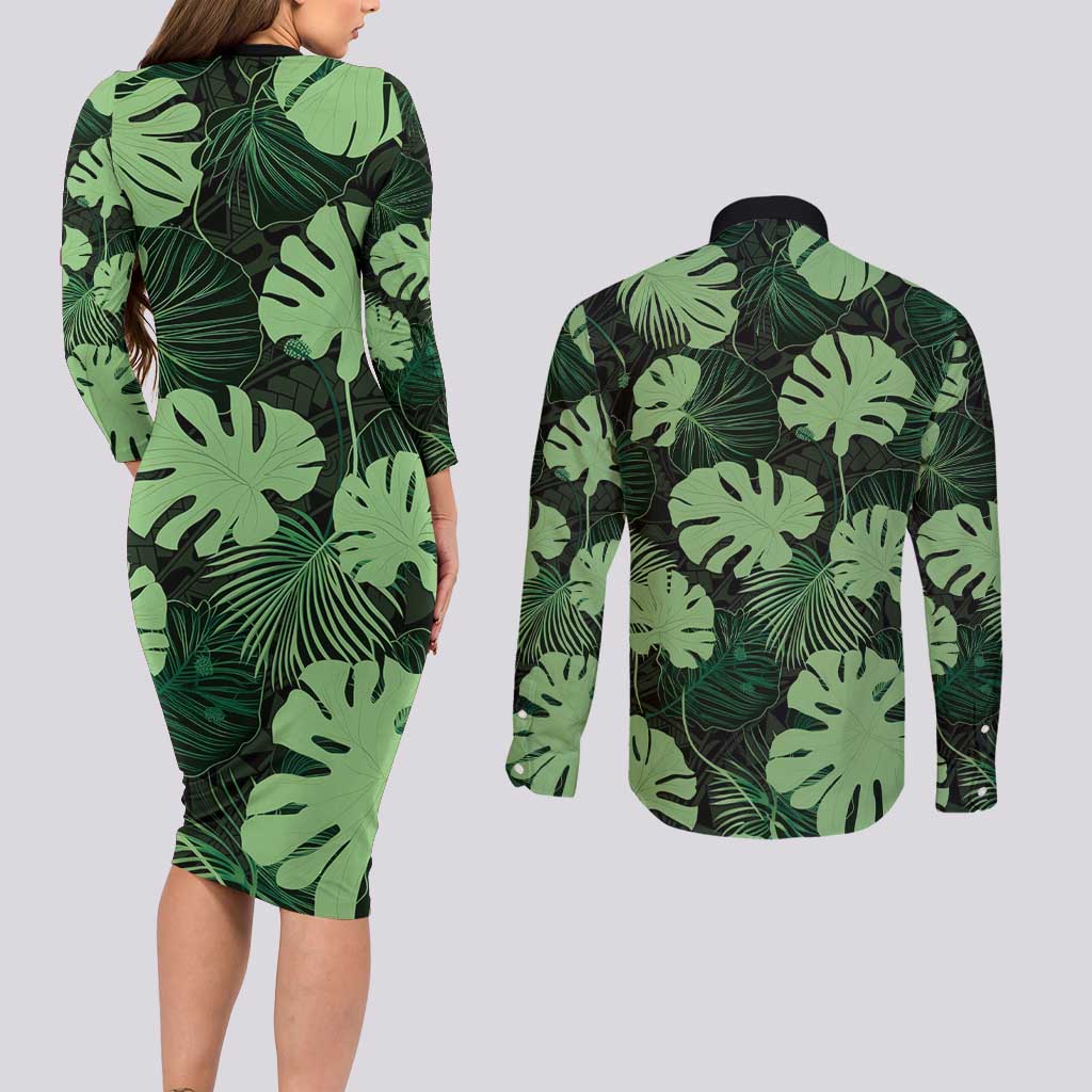 Green Hawaii Kukui Nut Lei Couples Matching Long Sleeve Bodycon Dress and Long Sleeve Button Shirt Hawaiian Pattern Monstera Tropical Vibes LT14 - Polynesian Pride