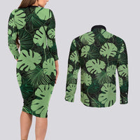 Green Hawaii Kukui Nut Lei Couples Matching Long Sleeve Bodycon Dress and Long Sleeve Button Shirt Hawaiian Pattern Monstera Tropical Vibes LT14 - Polynesian Pride