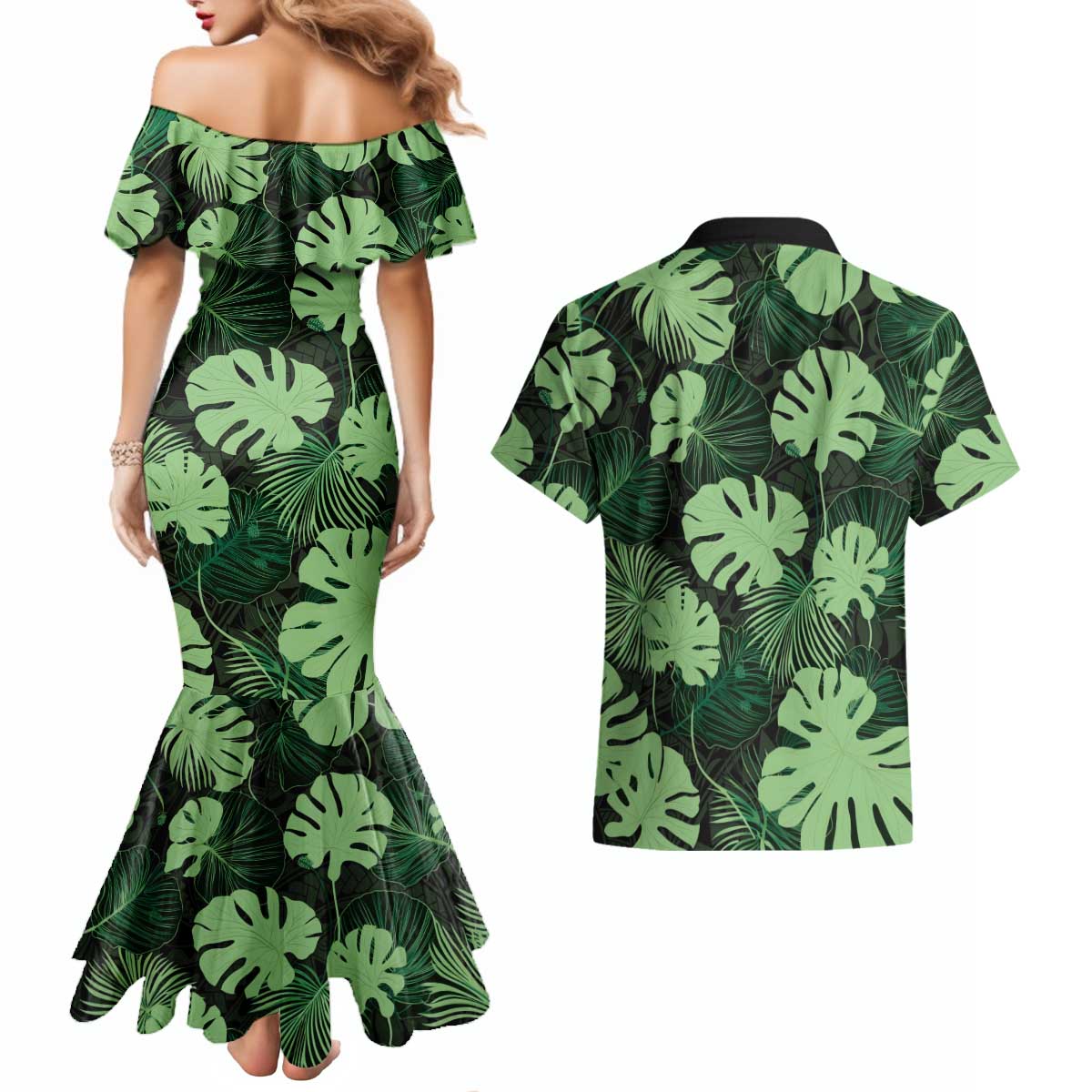 Green Hawaii Kukui Nut Lei Couples Matching Mermaid Dress and Hawaiian Shirt Hawaiian Pattern Monstera Tropical Vibes LT14 - Polynesian Pride