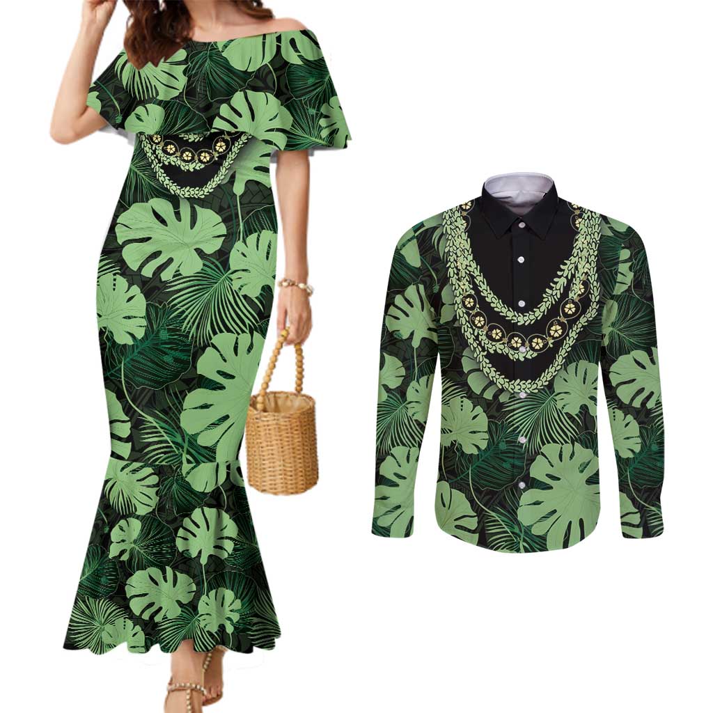 Green Hawaii Kukui Nut Lei Couples Matching Mermaid Dress and Long Sleeve Button Shirt Hawaiian Pattern Monstera Tropical Vibes - Polynesian Pride