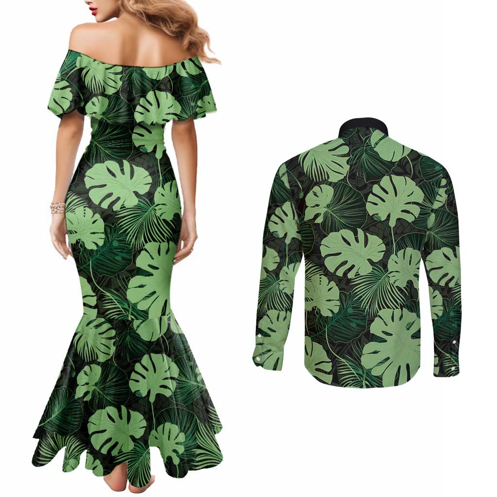 Green Hawaii Kukui Nut Lei Couples Matching Mermaid Dress and Long Sleeve Button Shirt Hawaiian Pattern Monstera Tropical Vibes LT14 - Polynesian Pride