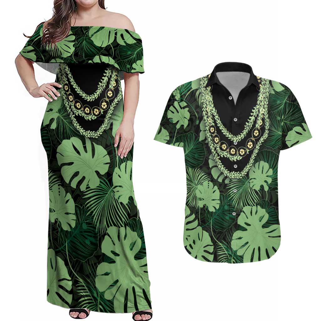 Green Hawaii Kukui Nut Lei Couples Matching Off Shoulder Maxi Dress and Hawaiian Shirt Hawaiian Pattern Monstera Tropical Vibes LT14 Green - Polynesian Pride