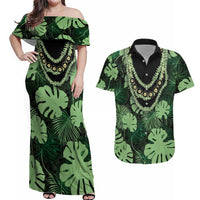 Green Hawaii Kukui Nut Lei Couples Matching Off Shoulder Maxi Dress and Hawaiian Shirt Hawaiian Pattern Monstera Tropical Vibes LT14 Green - Polynesian Pride