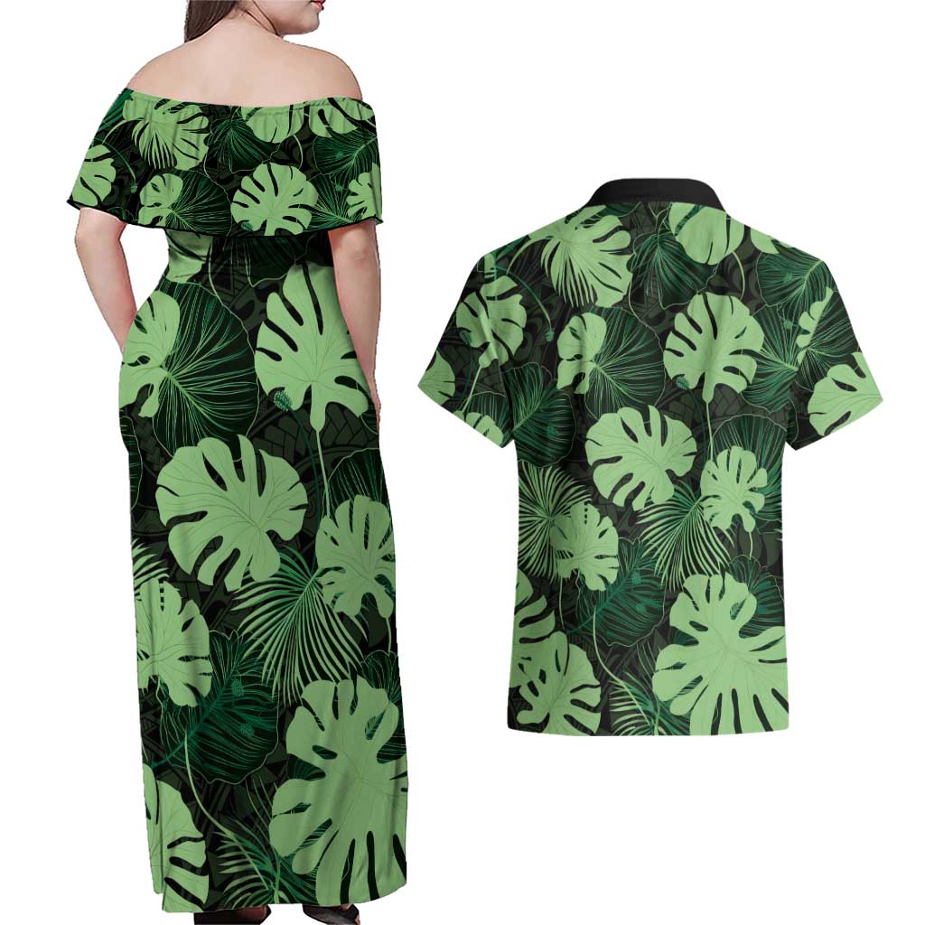 Green Hawaii Kukui Nut Lei Couples Matching Off Shoulder Maxi Dress and Hawaiian Shirt Hawaiian Pattern Monstera Tropical Vibes LT14 - Polynesian Pride