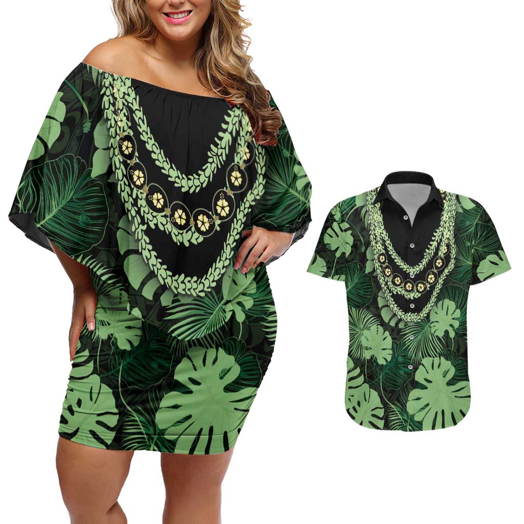 Green Hawaii Kukui Nut Lei Couples Matching Off Shoulder Short Dress and Hawaiian Shirt Hawaiian Pattern Monstera Tropical Vibes LT14 Green - Polynesian Pride