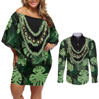 Green Hawaii Kukui Nut Lei Couples Matching Off Shoulder Short Dress and Long Sleeve Button Shirt Hawaiian Pattern Monstera Tropical Vibes LT14 Green - Polynesian Pride