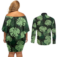 Green Hawaii Kukui Nut Lei Couples Matching Off Shoulder Short Dress and Long Sleeve Button Shirt Hawaiian Pattern Monstera Tropical Vibes LT14 - Polynesian Pride