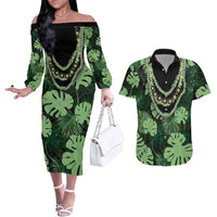 Green Hawaii Kukui Nut Lei Couples Matching Off The Shoulder Long Sleeve Dress and Hawaiian Shirt Hawaiian Pattern Monstera Tropical Vibes LT14 Green - Polynesian Pride