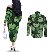 Green Hawaii Kukui Nut Lei Couples Matching Off The Shoulder Long Sleeve Dress and Long Sleeve Button Shirt Hawaiian Pattern Monstera Tropical Vibes LT14 - Polynesian Pride