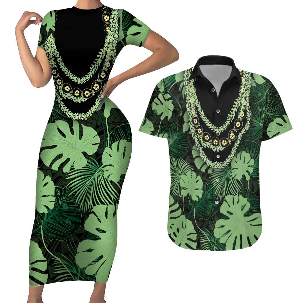 Green Hawaii Kukui Nut Lei Couples Matching Short Sleeve Bodycon Dress and Hawaiian Shirt Hawaiian Pattern Monstera Tropical Vibes LT14 Green - Polynesian Pride