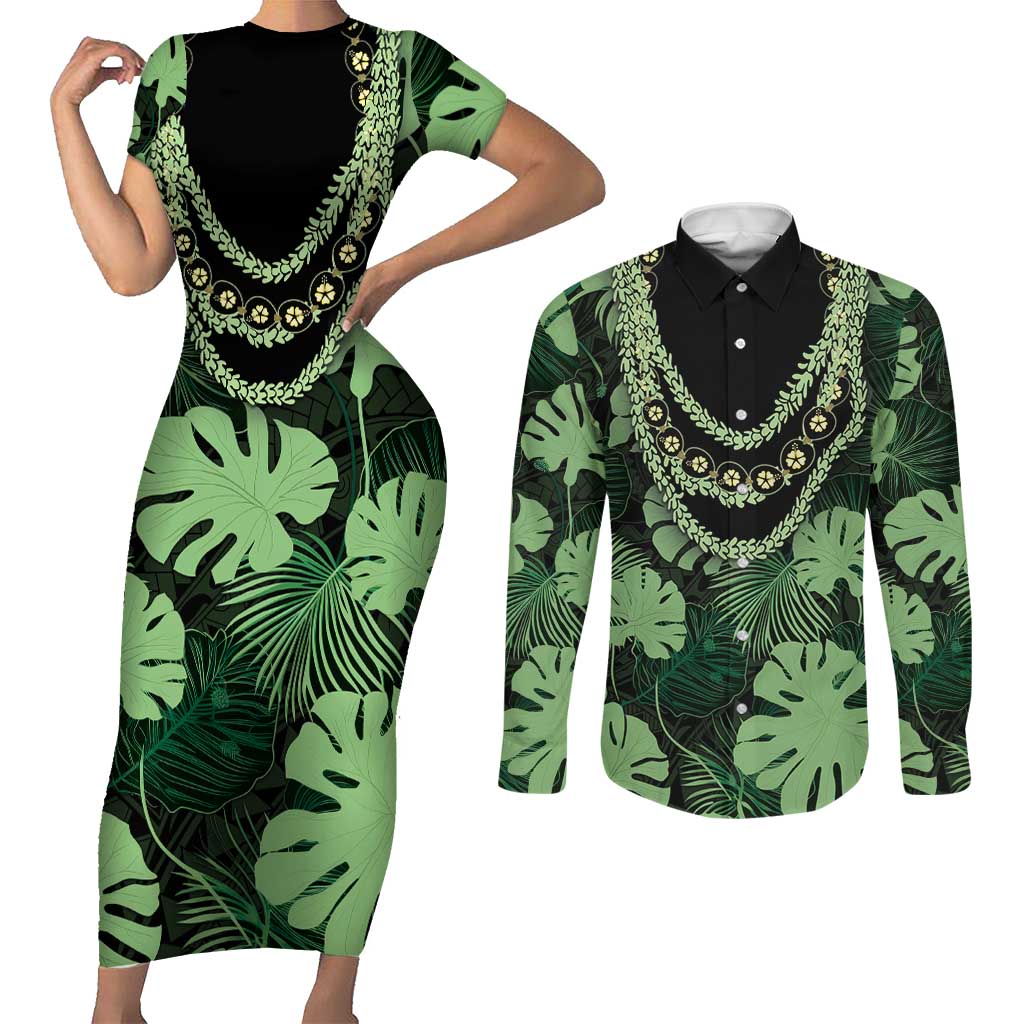 Green Hawaii Kukui Nut Lei Couples Matching Short Sleeve Bodycon Dress and Long Sleeve Button Shirt Hawaiian Pattern Monstera Tropical Vibes LT14 Green - Polynesian Pride