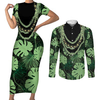 Green Hawaii Kukui Nut Lei Couples Matching Short Sleeve Bodycon Dress and Long Sleeve Button Shirt Hawaiian Pattern Monstera Tropical Vibes LT14 Green - Polynesian Pride