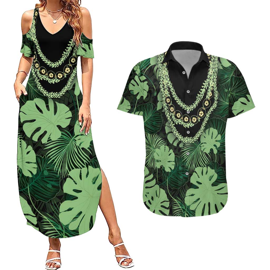 Green Hawaii Kukui Nut Lei Couples Matching Summer Maxi Dress and Hawaiian Shirt Hawaiian Pattern Monstera Tropical Vibes LT14 Green - Polynesian Pride