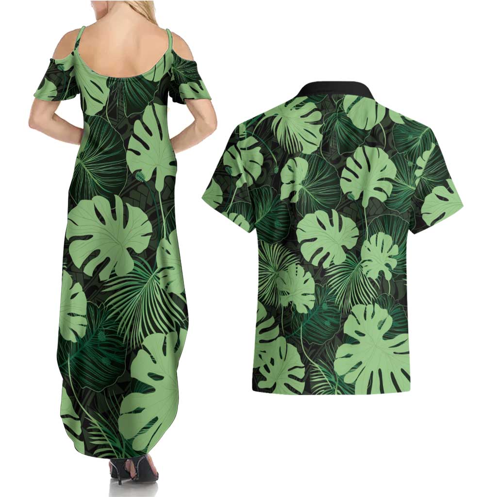 Green Hawaii Kukui Nut Lei Couples Matching Summer Maxi Dress and Hawaiian Shirt Hawaiian Pattern Monstera Tropical Vibes LT14 - Polynesian Pride