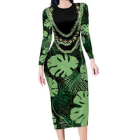 Green Hawaii Kukui Nut Lei Family Matching Long Sleeve Bodycon Dress and Hawaiian Shirt Hawaiian Pattern Monstera Tropical Vibes LT14 Mom's Dress Green - Polynesian Pride