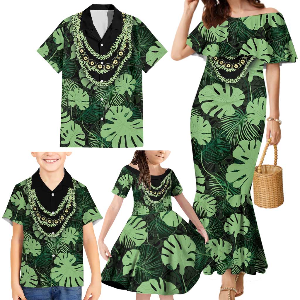 Green Hawaii Kukui Nut Lei Family Matching Mermaid Dress and Hawaiian Shirt Hawaiian Pattern Monstera Tropical Vibes LT14 - Polynesian Pride