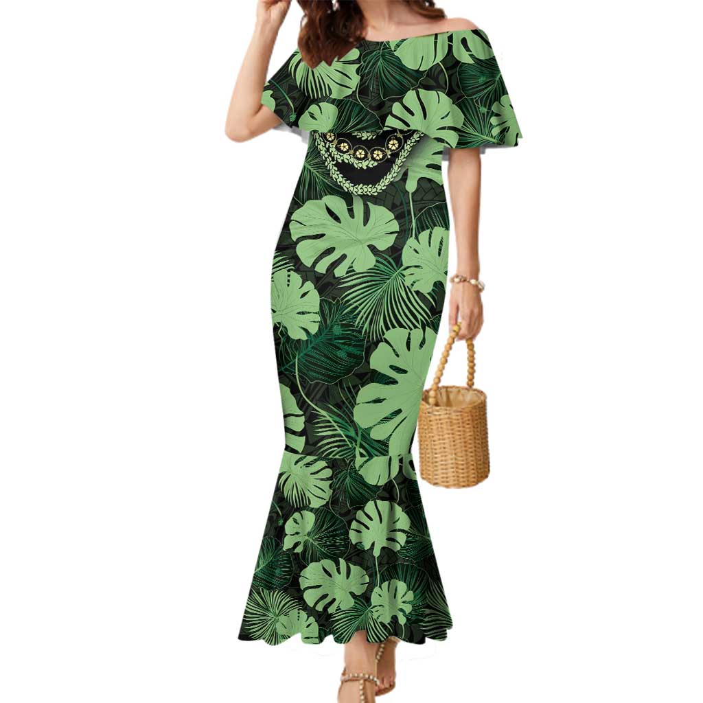 Green Hawaii Kukui Nut Lei Family Matching Mermaid Dress and Hawaiian Shirt Hawaiian Pattern Monstera Tropical Vibes LT14 Mom's Dress Green - Polynesian Pride