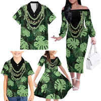 Green Hawaii Kukui Nut Lei Family Matching Off The Shoulder Long Sleeve Dress and Hawaiian Shirt Hawaiian Pattern Monstera Tropical Vibes LT14 - Polynesian Pride