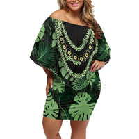 Green Hawaii Kukui Nut Lei Family Matching Off Shoulder Short Dress and Hawaiian Shirt Hawaiian Pattern Monstera Tropical Vibes LT14 Mom's Dress Green - Polynesian Pride