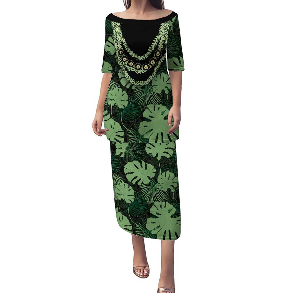Green Hawaii Kukui Nut Lei Family Matching Puletasi and Hawaiian Shirt Hawaiian Pattern Monstera Tropical Vibes LT14 Mom's Dress Green - Polynesian Pride