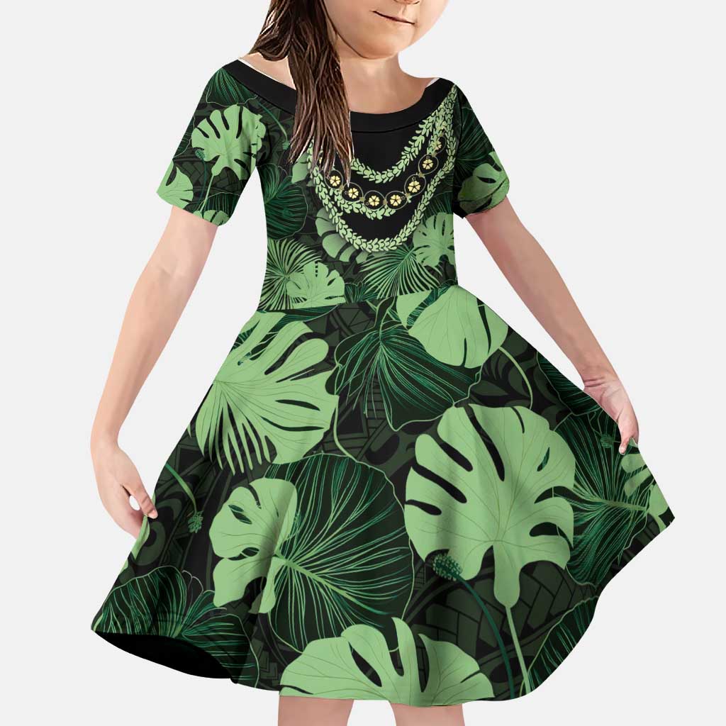Green Hawaii Kukui Nut Lei Family Matching Summer Maxi Dress and Hawaiian Shirt Hawaiian Pattern Monstera Tropical Vibes LT14 Daughter's Dress Green - Polynesian Pride