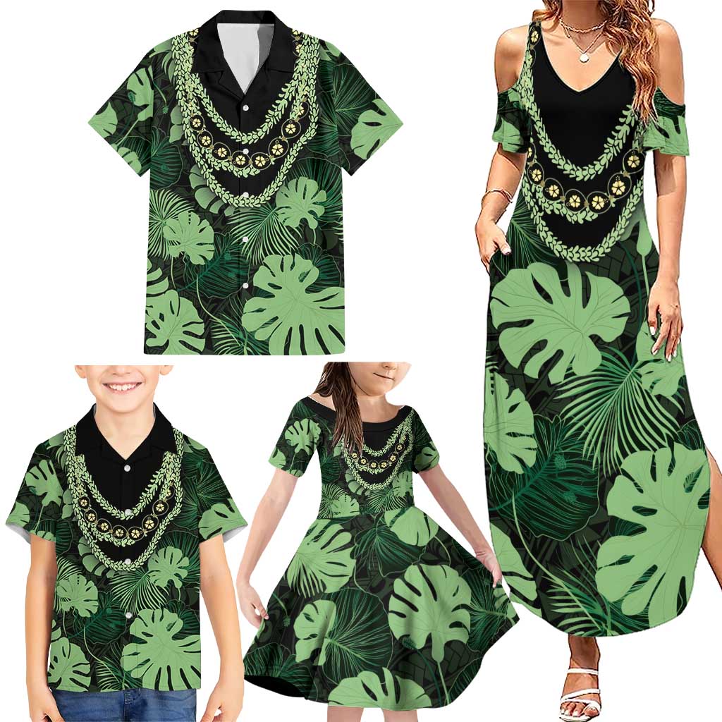 Green Hawaii Kukui Nut Lei Family Matching Summer Maxi Dress and Hawaiian Shirt Hawaiian Pattern Monstera Tropical Vibes LT14 - Polynesian Pride