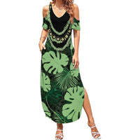Green Hawaii Kukui Nut Lei Family Matching Summer Maxi Dress and Hawaiian Shirt Hawaiian Pattern Monstera Tropical Vibes LT14 Mom's Dress Green - Polynesian Pride