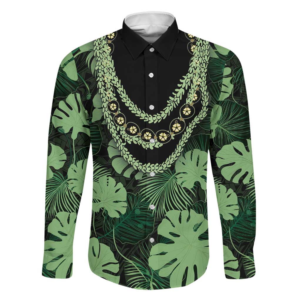 Green Hawaii Kukui Nut Lei Family Matching Tank Maxi Dress and Hawaiian Shirt Hawaiian Pattern Monstera Tropical Vibes LT14 Dad's Shirt - Long Sleeve Green - Polynesian Pride