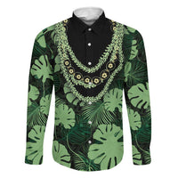 Green Hawaii Kukui Nut Lei Family Matching Tank Maxi Dress and Hawaiian Shirt Hawaiian Pattern Monstera Tropical Vibes LT14 Dad's Shirt - Long Sleeve Green - Polynesian Pride