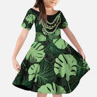 Green Hawaii Kukui Nut Lei Kid Short Sleeve Dress Hawaiian Pattern Monstera Tropical Vibes - Polynesian Pride