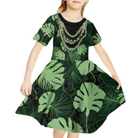 Green Hawaii Kukui Nut Lei Kid Short Sleeve Dress Hawaiian Pattern Monstera Tropical Vibes - Polynesian Pride