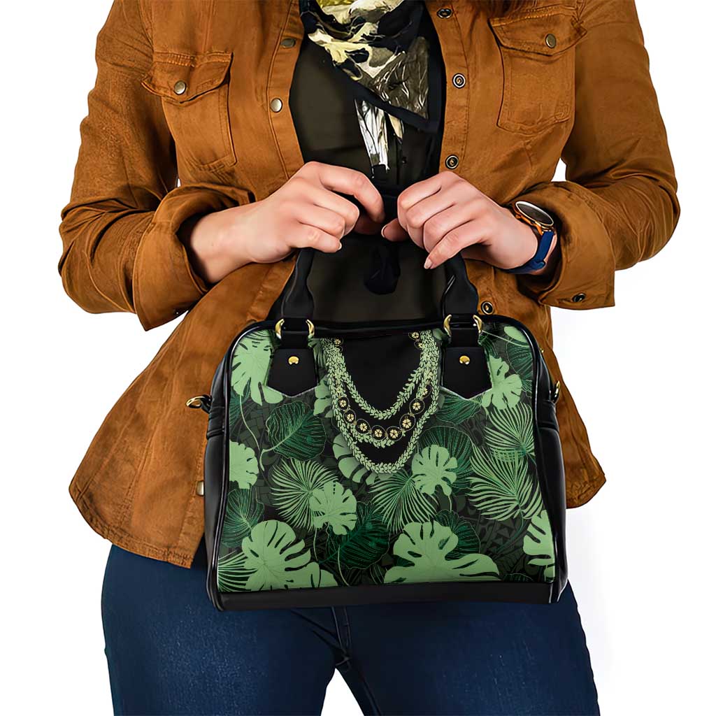 Green Hawaii Kukui Nut Lei Shoulder Handbag Hawaiian Pattern Monstera Tropical Vibes - Polynesian Pride