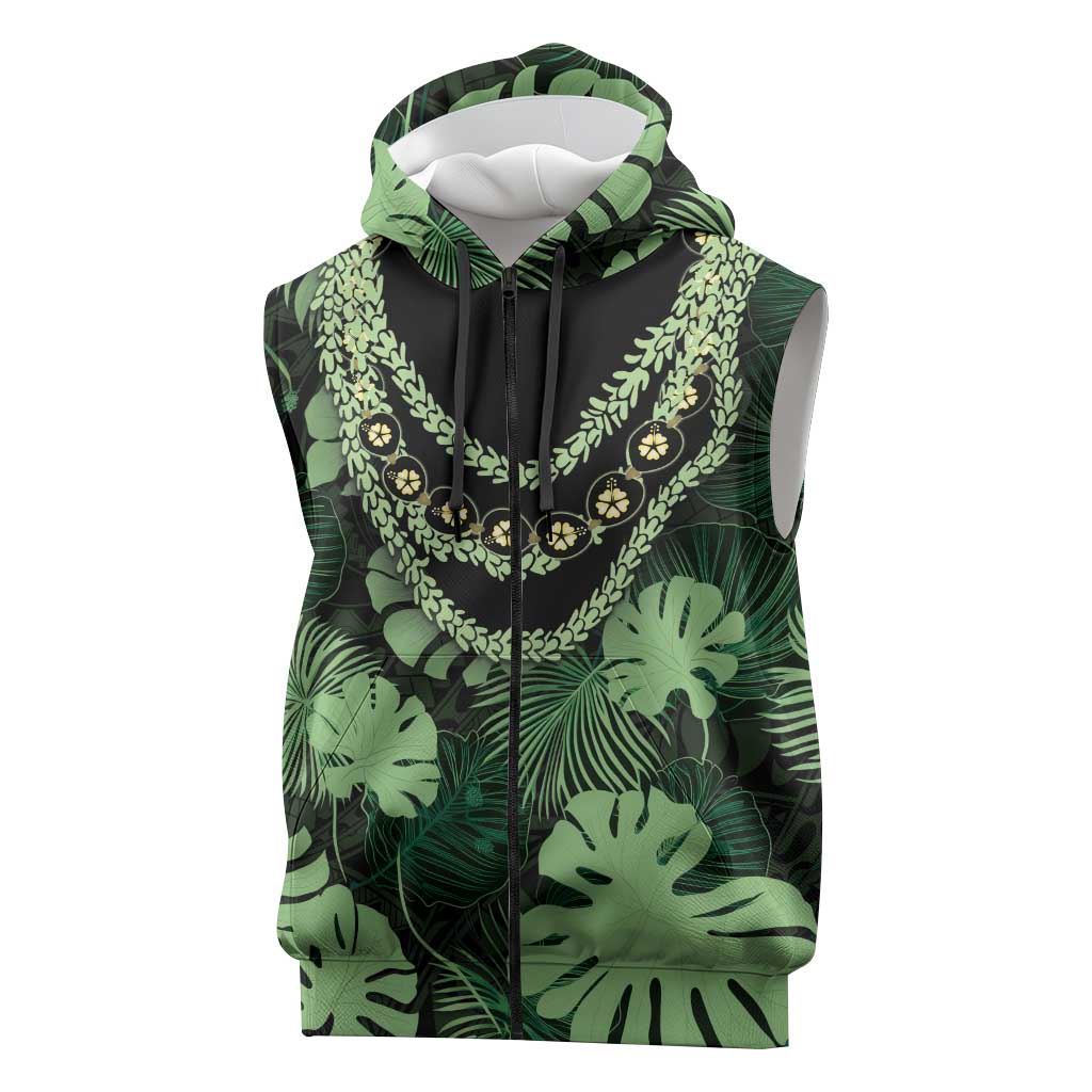 Green Hawaii Kukui Nut Lei Sleeveless Zip Hoodie Hawaiian Pattern Monstera Tropical Vibes - Polynesian Pride